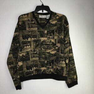 Holly Lane Gold Theme V-Neck Sweater Size Large Black/Tan